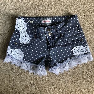 Polka dot and lace denim shorts